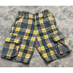 Mini Boden Blue & Yellow Plaid Little Boy Toddler Cargo Shorts, Size 3 Years